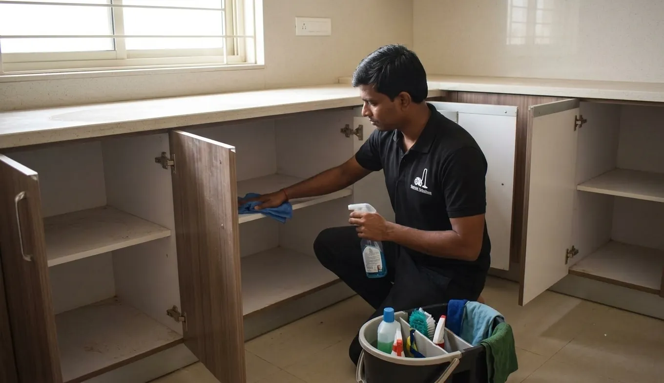 Professional cleaner preparing an empty Hyderabad home before move-in